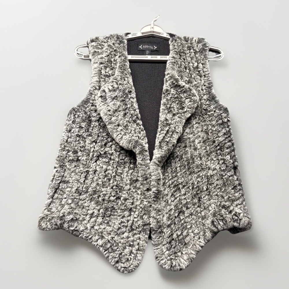 Nanette Lepore Faux Fur Vest Women's L Gray Black Open Front Sweater‎ Knit Furry